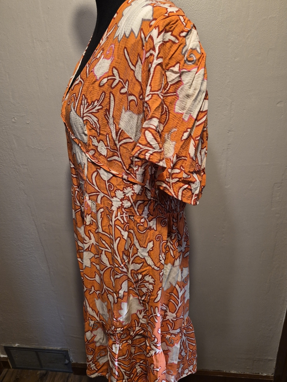 Knox Rose A-Line Dress Womens Large Flutter-Sleeves Orange & White Floral Rayon - Picture 5 of 8